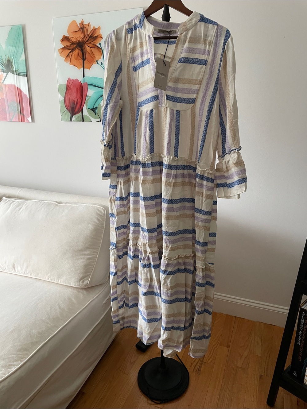 Striped Boho Maxi Dress in Cream and Blue